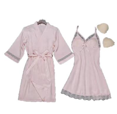 China High Quality QUICK DRY V neckline elegant sexy long robes solid color 2pieces pajamas dress lace for women, ladies nightgowns for sale