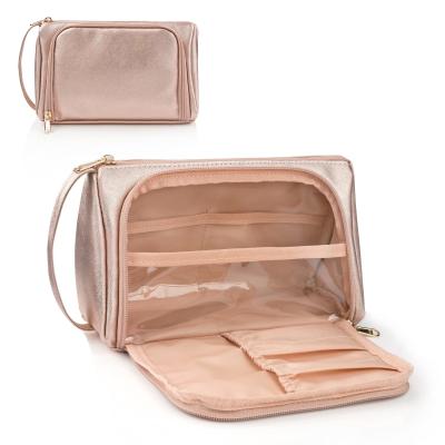 China Draagbare roze gouden PU leer toiletgoed make-up tas waterdicht aangepaste reistas Te koop