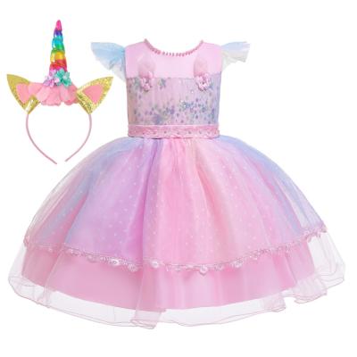 China New Breathable Princess Fly Sleeve Dresses Baby Girls Dress Kids Unicorn Beads Halloween Cosplay Costume for sale