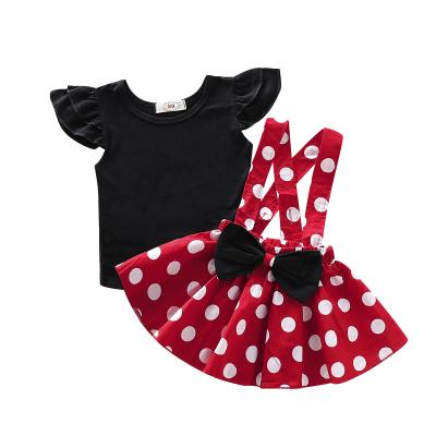 China Breathable Baby Kids First Birthday Outfit Fly Sleeve T-Shirt Tops + Polka Dot Suspenders Bowknot Tutu Skirt Set for sale