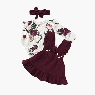 China Breathable Newborn Baby Clothes Cute Toddler Long Sleeve Outfits Ruffle Floral Romper Suspender Top Infant Skirt With Headbands for sale