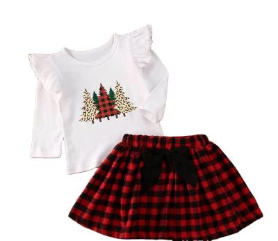 China Hot Sale Fashion Kids Lace Up Long Sleeve Christmas Tree T Shirts For Girls 2 Piece Dress Set Girls Clothing Sets for sale