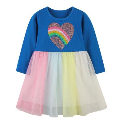 China Breathable Heart Color Rainbow Color Sequins Long Sleeve Kids Clothing Tutu Princess Girls Tulle Dress for sale