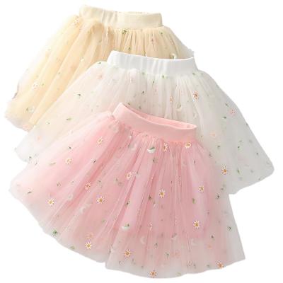 China Fashion Kids Girls Breathable Mesh Skirts Princess Embroidered Pleated Tutu Pettiskirt Girl Lace Up Dance Wear Faldas for sale