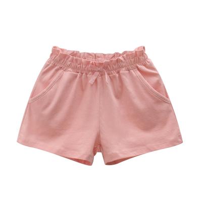 China Summer Breathable Kids Shorts Cotton Pants For Girls Pink Solid Ruffle Elastic Toddler Kids Beach Short Sports Pants Baby Clothing for sale