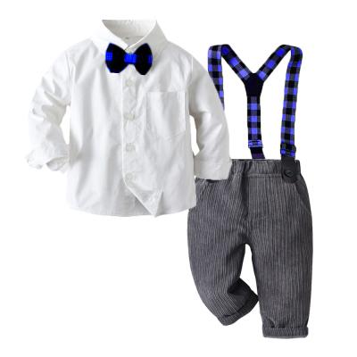 China Autumn Boy's Formal Suit Set Solid Color Plaid Cotton Shirt Overall Baby Boy Two Piece Long Sleeve Casual Suits for sale