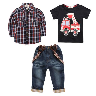 China 3pcs Wholesale Casual Gentleman T-shirt Long Sleeve Plaid Shirt Suspender Denim Pants Kids Top Clothes Set For Boys for sale