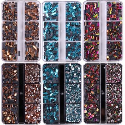 China 6 Kinds of Color Glass Grids Flat Bottom Crytsals Nail Rhinestone Flat Bottom Multi-size Crystals Nail 3D Art Decoration for sale