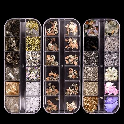 China New Mixed Color DIY Nail Art Glass 3D Decoration Metal/Pearl/Shell Crystal Nail Art Mixed Shape Strip Box 12 Grids Long for sale