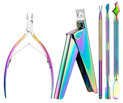 China Rainbow Color Stainless Steel Nail Cuticle Pusher Tweezers Nail Art Cutter Dead Skin Pusher Manicure Tool YNT283 for sale