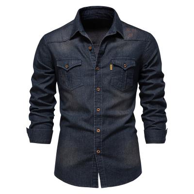 China High Quality Slim Sleeve Denim Anti-pilling Spring Plus Size Casual Camisa Long Shirt For Men Work Formal Shirts Custom Logo Printing Shirt for sale