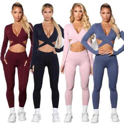 China Hot Selling Breathable Women Gym Yoga Fitness Fabletics Trinity Solid Color Leggings Woman High Two Pieces Yoga Sportswear Sets for sale