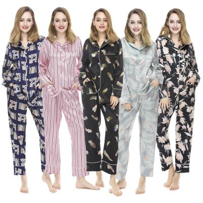 China QUICK DRY Different Floral Digital Print Long Silk Satin Pajamas Women Sleepwear for sale