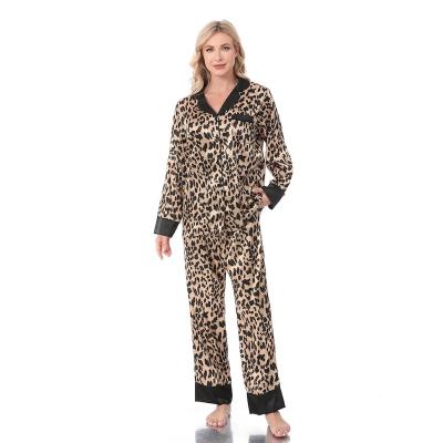 China QUICK DRY Long Sleeve Satin Leopard Pajamas Silk Sleepwear For Women for sale