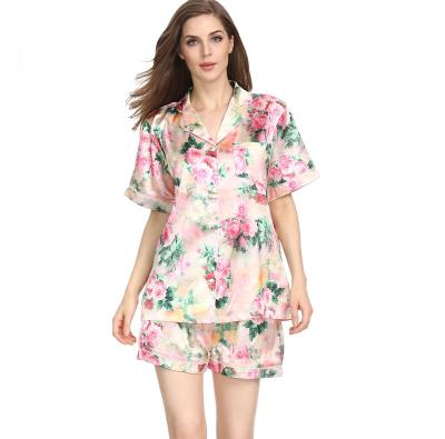 China Floral Design Women Satin Breathable Short Pajamas Set for sale