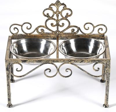 China Metal Stocked Handmade Decorative Bowls With Stand For Pets With Black Coated Iron Stand Raised Dog Bowl With Double Stainless Steel Bow for sale