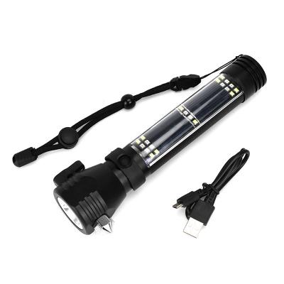 China Multi-Functional Emergency LED Car Flashlight Self-Defense Solar Powered USB Charger Alarm Flashlight for Surge Camping for sale