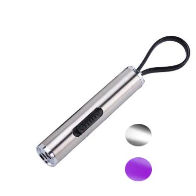 China Industrial Cheap Promotional Gifts Stainless Steel 2 In 1 395Nm 2 Led UV Flashlight Key Chain For Money Checking for sale