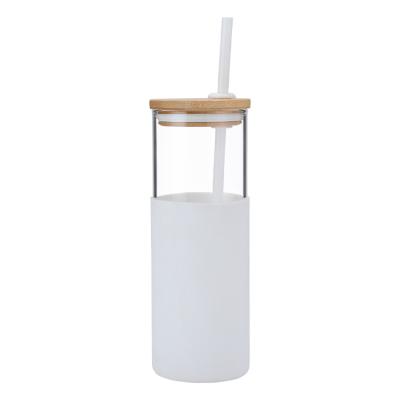 China WITH LID Silicone Sleeve Glass Water Cup Bamboo Lid Tumbler With PP Glass Straw 2021 for sale