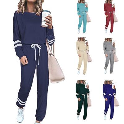 China Straight-leg Pants Wholesale Spring Clothing Stripes Longsleeve Round Neck Solid Color Women Plus Size Two Piece Set for sale