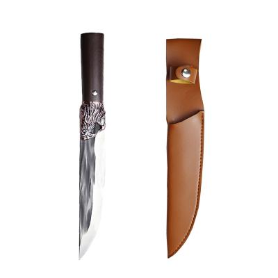 China Carbon Steel Bone Knife For Kitchen Meat Fish Sharp Strong Cutter With Leather Wrapping Acid Etching 4Cr13 Stainless Steel Knife Wood Handle for sale