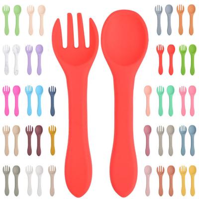 China Disposable Baby Training Fork And Spoon High Quality Non-Toxic Bpa Free Microwave Easy Handle Food Grade 100% Safe Silicone Spoon Forks Set for sale