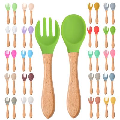 China Disposable Silicone Spoon Wooden Fork Set Toddler Baby Bamboo Spoon Training and Feeding Children Eating Handle Toddler Babies Forks Spoons for sale