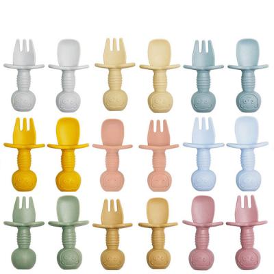 China Disposable Baby Fork And Spoon Set Silicone Feeding Teething Self Friendly Utensils Infant Toddler Kids Led First Time Training Babytensils for sale