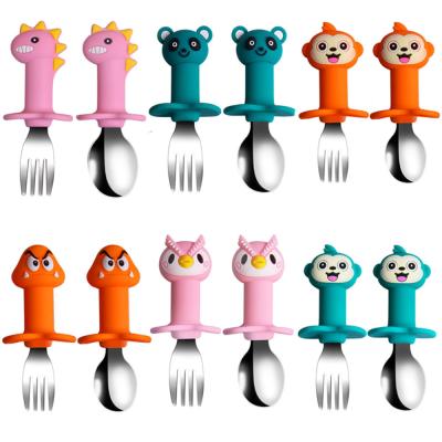 China Disposable 316 Stainless Steel Baby Fork and Spoon Set Animals First Forming Creative Detachable Fork Self and Toddler Feeding Spoon Utensils for sale