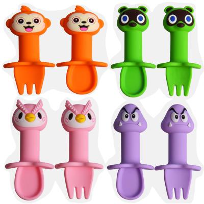 China Disposable Silicone Baby Fork And Spoon Set Animals Spoons Wholesale High Quality Forks Shaping Soft Head Short Handle Kids Utensils Set for sale