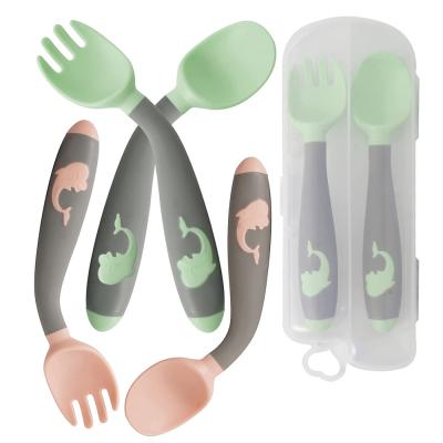 China Disposable Baby Utensils Spoons And Forks Sets With Case Box Easy Handle Bpa Free Toddler Bendable Self Feeding Learning Holder Spoon Fork for sale