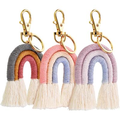 China Stocked Weaving Tassel Rain Bow Keychains Boho Pom Pom Keychain for Women Girls Bohemian Handbag Charms Key Chain Fashion Accessories for sale