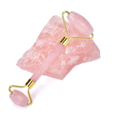 China Gem Handheld Rose Quartz Jade Gua Sha Beauty Roller Anti anging Facial Massage Rose Jade Roller For Face With Box for sale