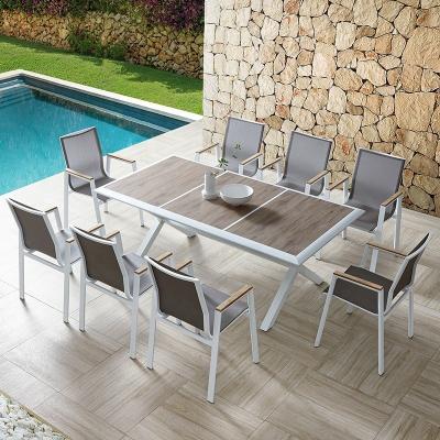 China Outdoor Metall Terrasse Garten Esstisch Set mit 3m Holztisch und Balkon Lounge Stühle zu verkaufen