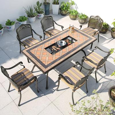 China Tile Pattern Patio Dining Set Rectangel Picnic Table With Fire Pit for sale