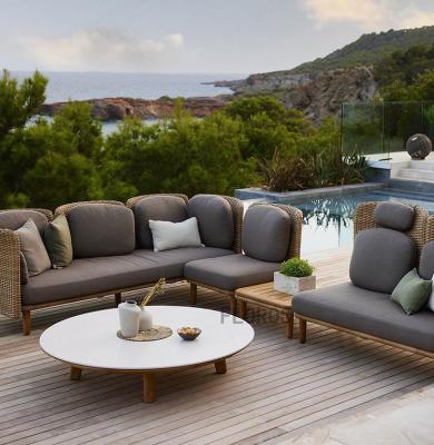 China Hand Knitted Outdoor Teak Furniture Villa Hotel Garden PE Rattan Sofa And Table Set for sale