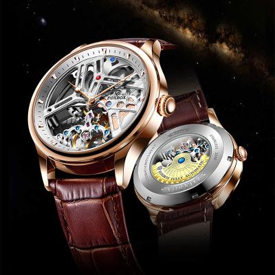 China New Men's Mechanical Watch FOXBOX 0005 Skeleton Design 30M Waterproof Sapphire Mirror Leather Strap Male Watches for sale