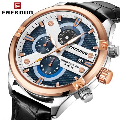 China FAERDUO Water Resistant Mens Chronograph Quartz Analog Watch with Date, Luminous Hands, Waterproof Leather Strap Wristswatch for Man for sale