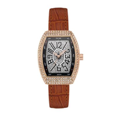 China Non-Specific PIN TIME Women Diamond Watch Square Dial Watches Set Ladies Leather Band Female Quartz Wrist Watch Clock Barrel Shape for sale