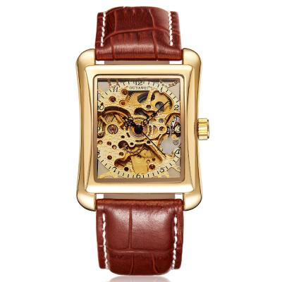 China Luxury Skeleton Rectangle Movement Water Resistant OUYAWEI Gold Automatic Men's Waterproof Leather Vintage Mechanical Watch Men for sale