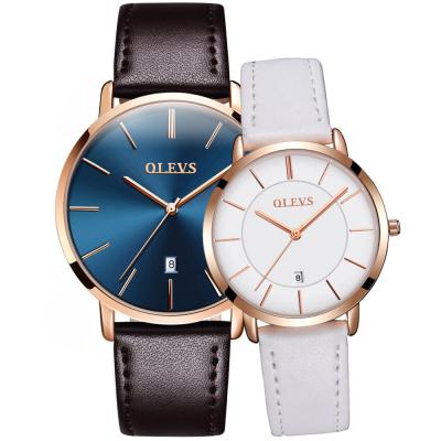 China Luxury brand men's watches water resistant OLEVS minimalist ultra-thin quartz genuine leather strap pulse synchronizes high quality lover's watch for sale