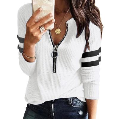 China 2021 Autumn Breathable Winter Casual Striped T-shirt For Women Long Sleeve Zipper Knitted Female Pullovers Tops Clothing Outfits for sale