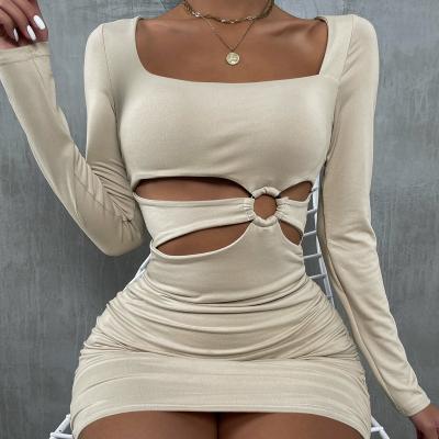 China Women Bandage Breathable Sling Dress Full Sleeve Cavity Ribbed Bodycon Elastic Waist Turtle Neck Streetwear Fashion Casual Outfits for sale