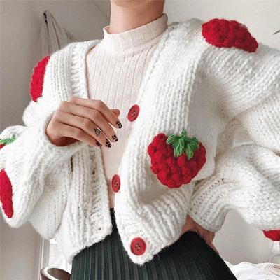 China Strawberry Embroidery Women's Cardigan Sweater Autumn Fashion Breathable V-Neck Sweater Knitted Crop Tops Casual Women Coats for sale