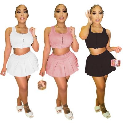 China Breathable Breathable Two Piece Skirt Set Women Streetwear Crop 2021 Summer Top Sleeveless Zipper Pleated Skirt Casual Fashion Matching Set for sale