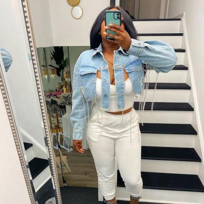 China Patchwork Chain Tassel Denim Breathable Breathable Jacket For Female Casual Lapel Long Sheath Jackets Autumn New Female 2021 High Street for sale