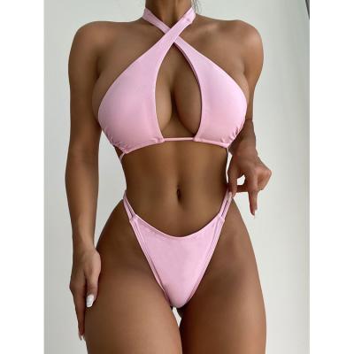 China New Solid Color Bikini Halter Swimwear Breathable Bandage Swimwear Breathable Swimwear for sale