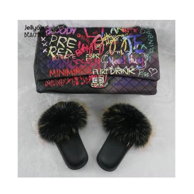 China Lady BPF 2021 fashion summer big/enlarge fluffy fur slides matched Lady Jelly /graffiti handbag for women and kids for sale