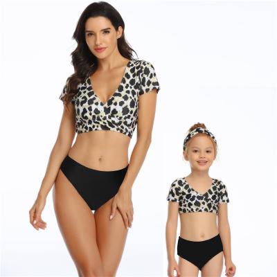 China Fashion Breathable Design Mommy And Me Short Sleeve Plus Size Leopard Print 2 Pieces Swimwear For Summer for sale