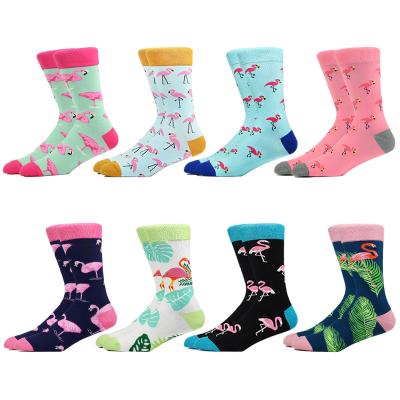 China 2021 QUICK DRY new fashion cotton cartoon crew sock flamingo pattern sock cute happy custom men's socks for sale